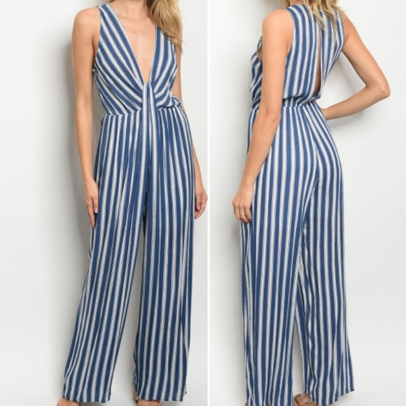 Trend Setter Diva Boutique Pants - BLUE & WHITE STRIPED JUMPSUIT